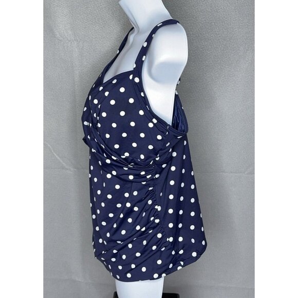 Lands End Tankini Swim Top Plus Size 18W V Neck Wrap Underwire Navy Polka Dot - Picture 2 of 11
